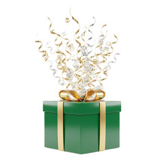 A vibrant green gift box with a golden ribbon explodes with a burst of shimmering confetti and streamers against a stark black background symbolizing surprise and celebration