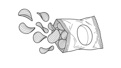 &ldquo;Open Chips Packet Line Art Icon &ndash; Hand-Drawn Snack Vector Illustration&rdquo;