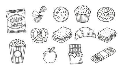&ldquo;Hand-Drawn Snack Icon Set &ndash; Doodle Food Vector Pack with Cookies, Donuts, Chips & More&rdquo;