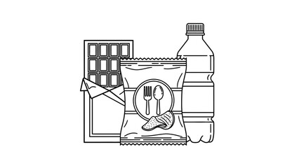 &ldquo;Minimal Snack Pack Line Art Icon &ndash; Chips, Chocolate Bar and Water Bottle Vector Illustration&rdquo;