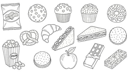 “Hand-Drawn Snack Icon Set – Doodle Food Vector Pack with Cookies, Donuts, Chips & More”