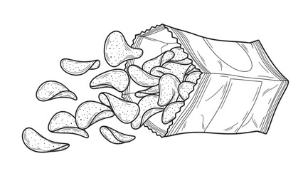 &ldquo;Open Chips Packet Line Art Icon &ndash; Hand-Drawn Snack Vector Illustration&rdquo;