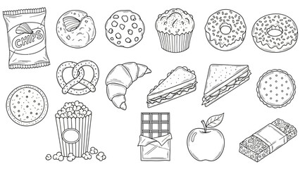 &ldquo;Hand-Drawn Snack Icon Set &ndash; Doodle Food Vector Pack with Cookies, Donuts, Chips & More&rdquo;