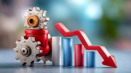 Conceptual image illustrating financial depreciation with a red mechanical part and a declining bar chart, highlighted by a bold red arrow, representing economic downturn.