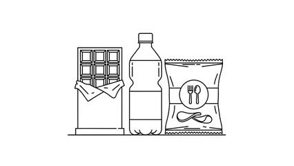 &ldquo;Minimal Snack Pack Line Art Icon &ndash; Chips, Chocolate Bar and Water Bottle Vector Illustration&rdquo;