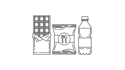 &ldquo;Minimal Snack Pack Line Art Icon &ndash; Chips, Chocolate Bar and Water Bottle Vector Illustration&rdquo;