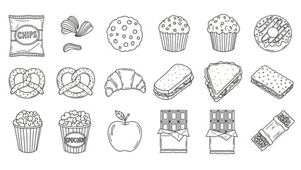 &ldquo;Hand-Drawn Snack Icon Set &ndash; Doodle Food Vector Pack with Cookies, Donuts, Chips & More&rdquo;