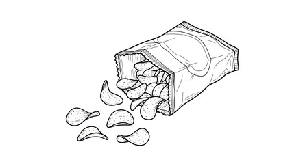 &ldquo;Open Chips Packet Line Art Icon &ndash; Hand-Drawn Snack Vector Illustration&rdquo;