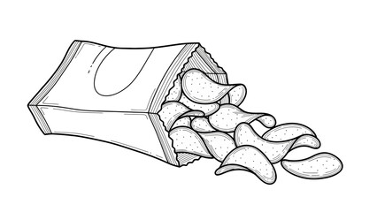&ldquo;Open Chips Packet Line Art Icon &ndash; Hand-Drawn Snack Vector Illustration&rdquo;