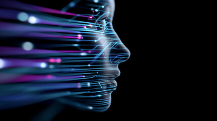 Futuristic digital human head with glowing circuitry and motion streaks.
