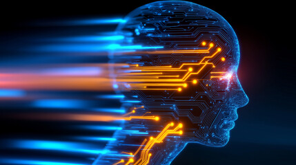 Futuristic digital human head with glowing circuitry and motion streaks.
