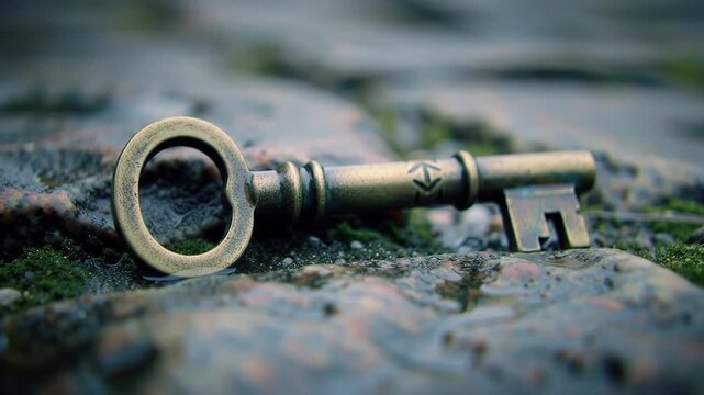 Vintage metal key resting on wet cobblestone surface