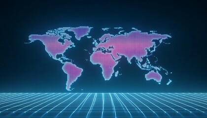 Global map with glowing grid on floor concept of digital networking innovation