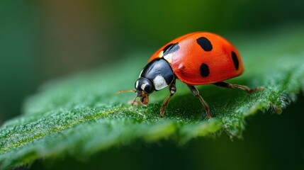 Vivid macro photograph showing detailed close-up of bright red ladybug with black spots walking across fresh green leaf surface on white background