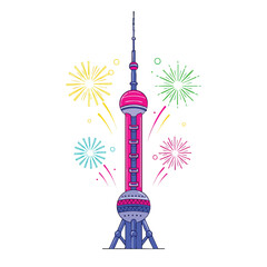 Fototapeta premium Oriental Pearl Tower surrounded by bright New Year fireworks