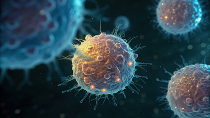 Obraz premium Cancer research visual. Microscopic view of cancer cells dividing, showcasing intricate details and vibrant colors