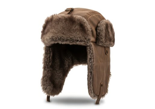 Insulated outdoor headwear featuring brown material and thick fur lining is displayed against a white background.