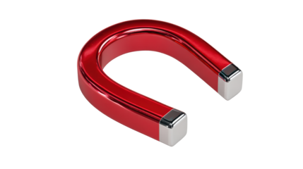 Shiny red horseshoe magnet with metallic silver ends symbolizing attraction force physics concept and educational science equipment isolated clearly on white background