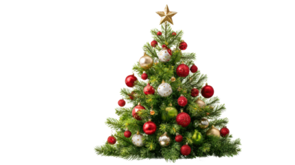 Beautiful decorated Christmas tree with colorful ornaments red gold and green baubles festive holiday decoration symbolizing joyful winter celebration displayed on white background