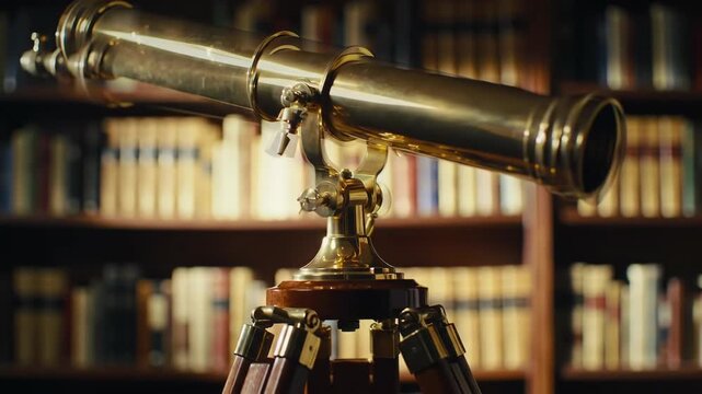 Antique brass refracting telescope resting on tripod mount with bookshelves in background