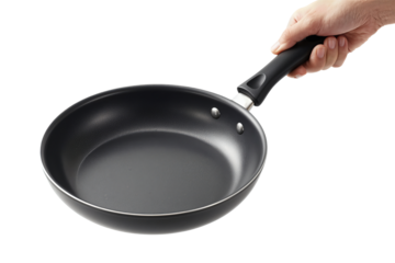 Hand holding a black non-stick frying pan isolated