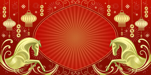 Golden horse illustration for 2026 chinese new year celebration on red background symbolizing strength and prosperity, vector eps
