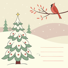 Christmas tree with cheerful mood, snow and cardinal bird on a branch against winter background