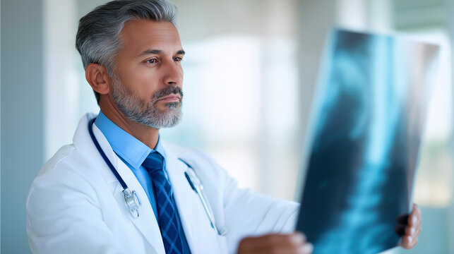 A doctor wearing blue gloves examines an X-ray film in a modern medical environment.
