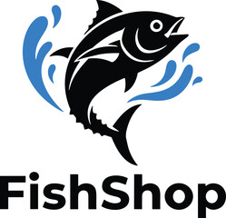 Tuna Fish Jumping Out of Water Icon, Seafood Shop Logo, Fresh Catch Symbol, Ocean Life Vector Illustration, Marine Animal, Restaurant Market Design Element