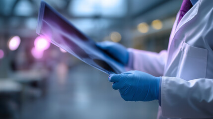 A doctor wearing blue gloves examines an X-ray film in a modern medical environment.
