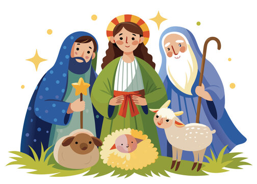 A heartwarming christmas nativity scene illustration featuring mary joseph and a shepherd with baby jesus sheep and a lamb
