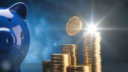 Blue piggy bank with stacks of gold coins against blurred blue background showing financial growth - Powered by Adobe