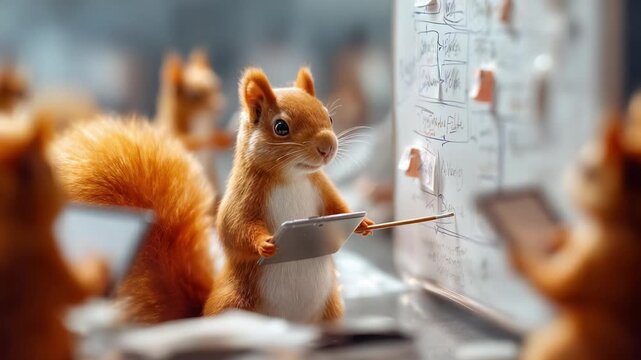 A Clever Squirrel Teaching a Class with Enthusiasm, Using a Pointer and a Tablet to Present Ideas on a Whiteboard Surrounded by Fellow Squirrels Engaged in Learning Sessions