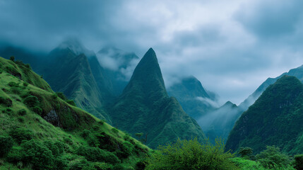 Dramatic mist-covered mountain peaks rising through dense clouds in lush green terrain.
