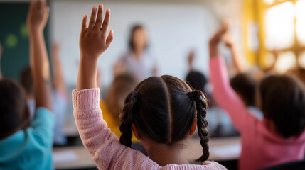 Students raising their hands during a lesson in a bright classroom with the teacher at the front.
