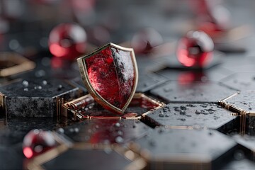 Abstract Digital Access Framework With AI Shield Protected By Hexagonal Matrix Grid And Red Orb Elements In Dark Moody Lighting