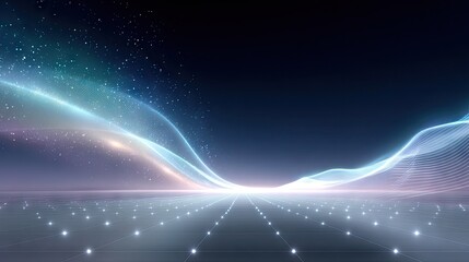 Abstract Digital Landscape With Glowing Blue And White Light Trails And Particles Over Dark Gradient Background In Futuristic Style