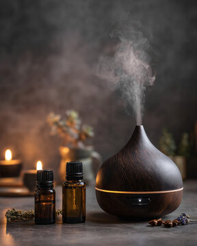 Essential oils with steam diffuser, warm mood lighting, natural textures, soft-focus background, high-end wellness aesthetic