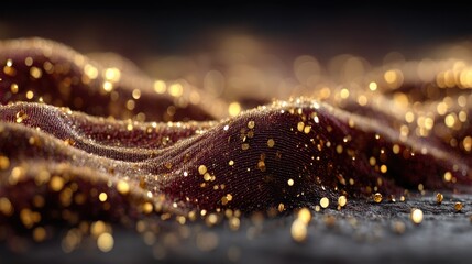 Abstract flowing waves of rich crimson fabric texture with scattered shimmering golden glitter particles and soft bokeh highlights creating a luxurious festive background with dramatic lighting