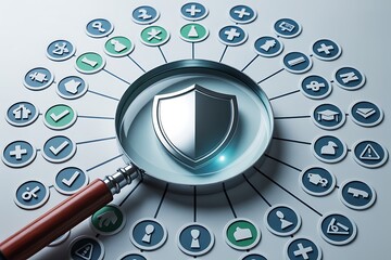 Magnifying glass over shield surrounded by network of security icons