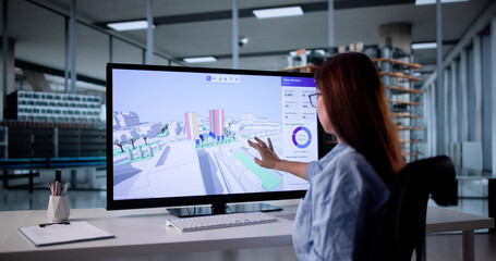 Young Woman Engineer Uses GIS Software For Construction Inspection