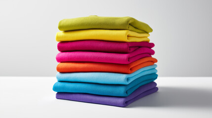 Stack of neatly folded colorful towels arranged in a clean minimalist setting.
