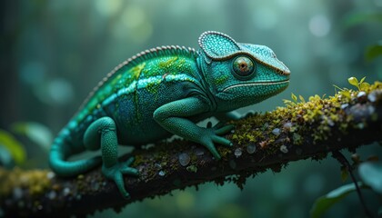 Vibrant turquoise chameleon on moss-covered branch in rainforest
