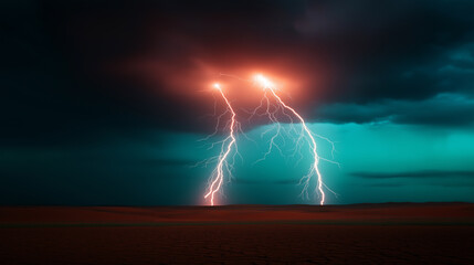 Powerful lightning bolt striking the landscape beneath dramatic storm clouds at sunset. 
