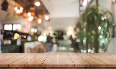 Empty wooden table top with lights bokeh on blur restaurant background.
