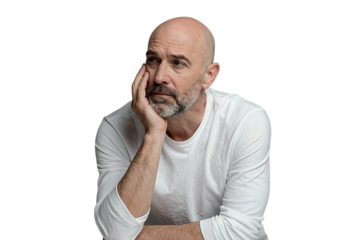 Middle-aged man in white shirt with thoughtful expression