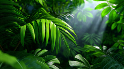 Lush tropical green foliage illuminated by soft sun rays in a dense jungle scene. 
