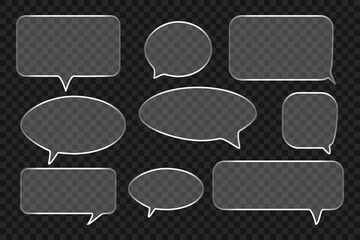 Clear glass speech bubble and text box collection on transparent