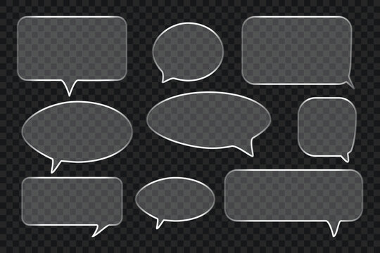 Clear glass speech bubble and text box collection on transparent