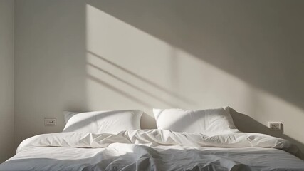 A serene bedroom scene with a rumpled bed bathed in natural sunlight casting shadows on the wall.